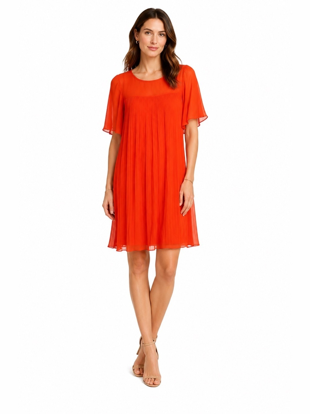 Anthropologie Pleated Orange Dress Flutter Sleeve Wedding Guest Size 2